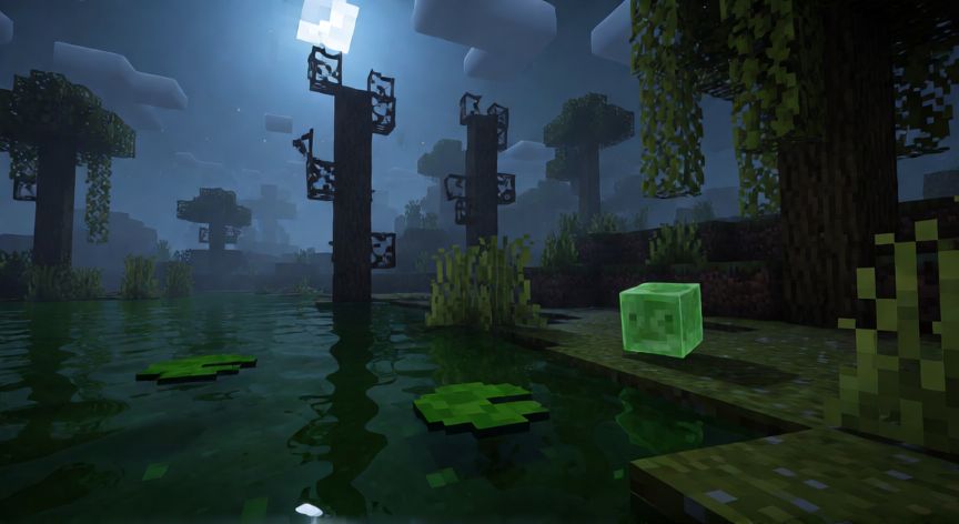 como encontrar slimes, Slime verde saltando en un bioma pantanoso de Minecraft durante la noche