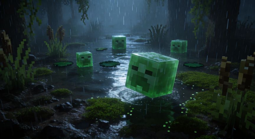 como encontrar slimes en minecraft, Slime grande rebotando en un pantano de Minecraft durante una tormenta nocturna