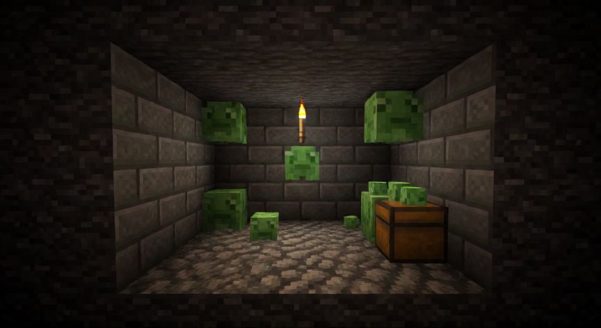 como encontrar slimes en minecraft, Jaula de caza de slimes excavada bajo un slime chunk en la profundidad de una cueva de Minecraft