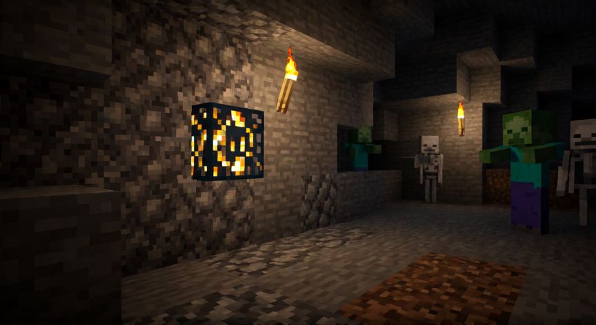 como encontrar spawners en minecraft, Spawner en una cueva de Minecraft con mobs hostiles apareciendo
