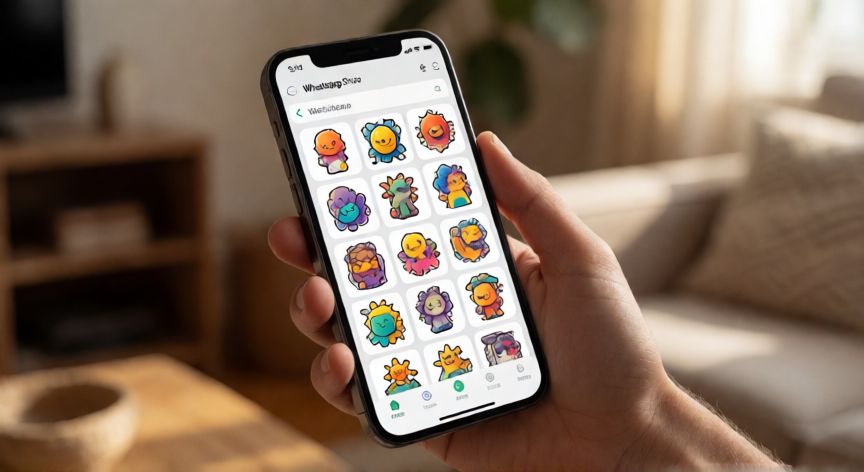 como encontrar stickers para whatsapp, Persona mostrando la tienda de stickers integrada en WhatsApp en su móvil
