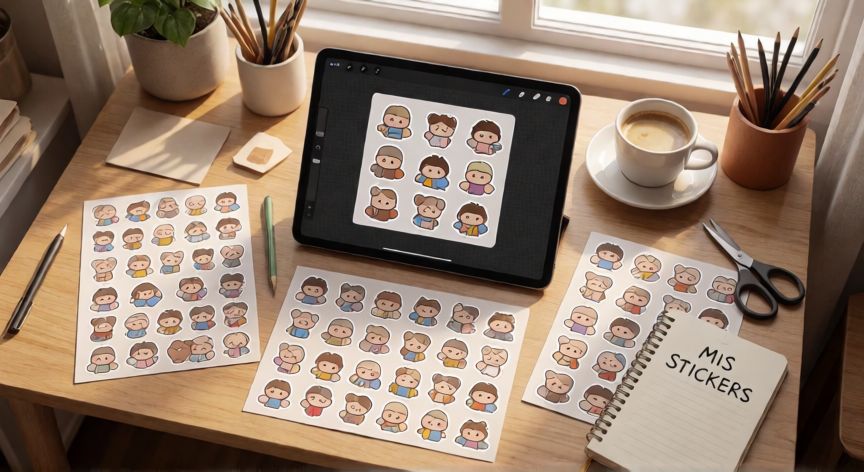 como encontrar stickers para whatsapp, Mesa de trabajo con tablet mostrando el creador de stickers para WhatsApp y materiales de diseño