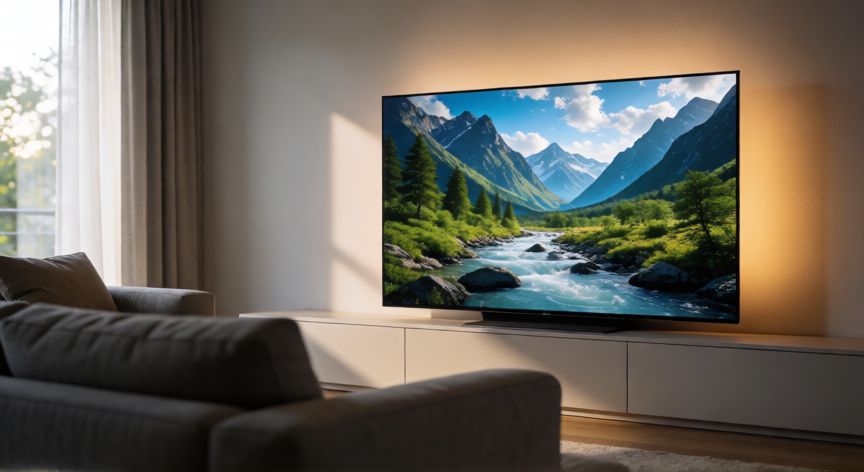 como encontrar super tv, Sala de estar moderna con una Super TV OLED de 75 pulgadas mostrando una escena de naturaleza