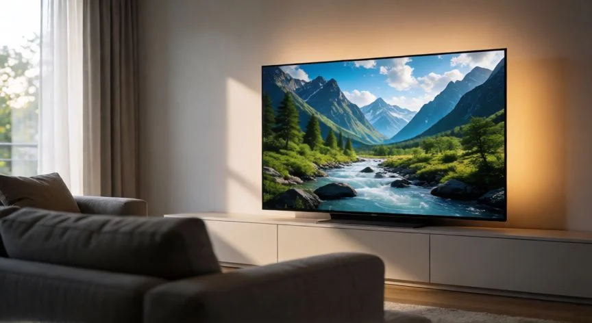Sala de estar moderna con una Super TV OLED de 75 pulgadas mostrando una escena de naturaleza