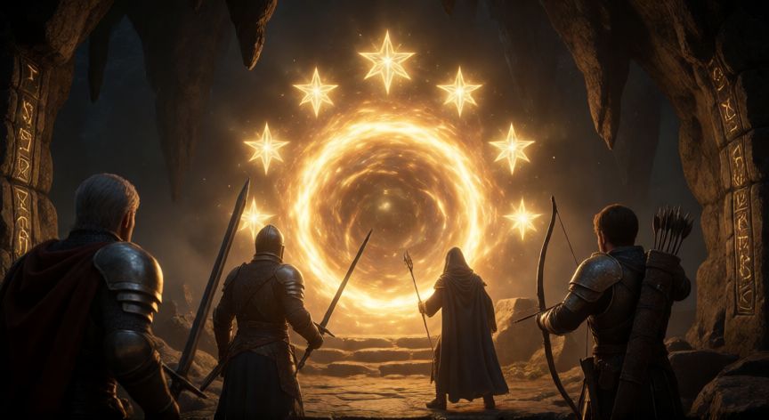 como encontrar teraincursiones 6 estrellas, Tres aventureros frente a un portal dorado con seis estrellas marcando una incursión de máxima dificultad