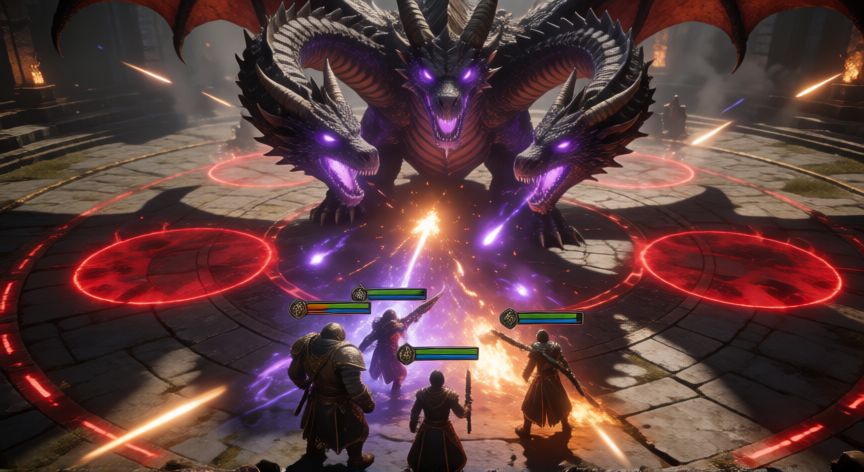 como encontrar teraincursiones 6 estrellas, Batalla contra un jefe en incursión de 6 estrellas con indicadores de daño en el suelo y grupo de cuatro jugadores