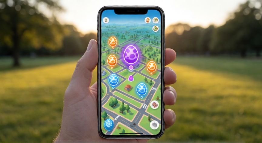 como encontrar teraincursiones de 5 estrellas, Pantalla de un móvil mostrando el mapa del juego con una incursión de 5 estrellas marcada en morado
