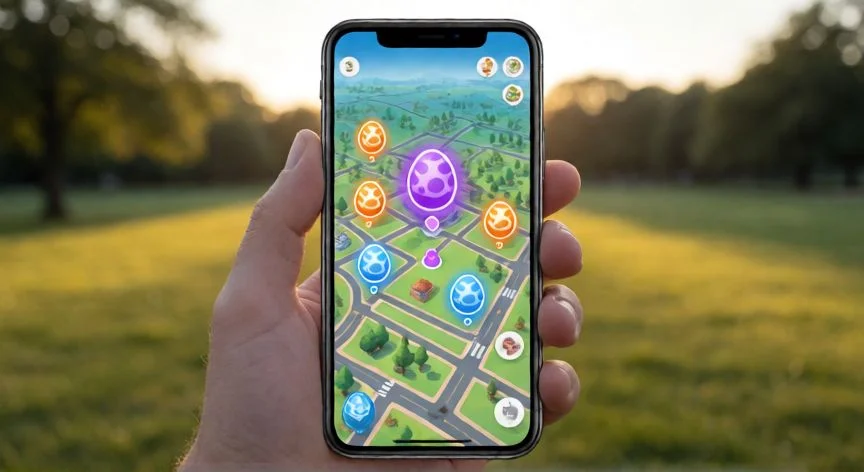 Pantalla de un móvil mostrando el mapa del juego con una incursión de 5 estrellas marcada en morado