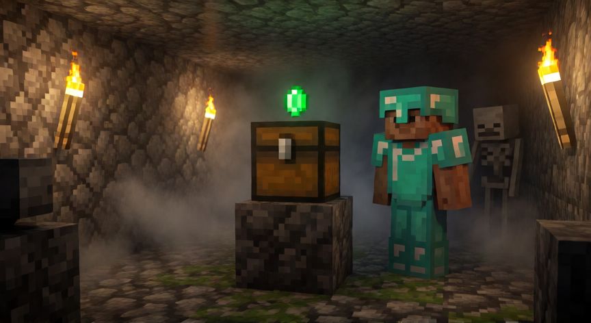 como encontrar tesoros en minecraft, Jugador de Minecraft con armadura de diamante explorando una mazmorra subterránea con cofre de tesoro