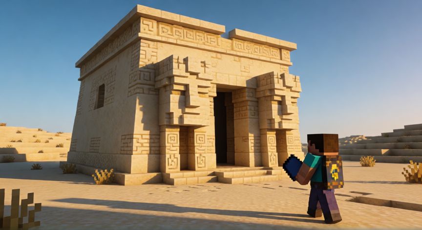 como encontrar tesoros en minecraft, Templo del desierto en Minecraft con un jugador acercándose con brújula de tesoro al atardecer