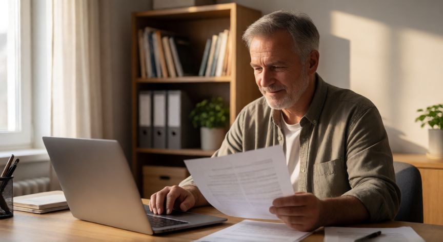 como encontrar trabajo con 60 años, Profesional de 60 años trabajando desde su despacho en casa con ordenador portátil