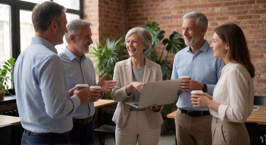 como encontrar trabajo con 60 años, Grupo de profesionales de distintas edades en un evento de networking con café