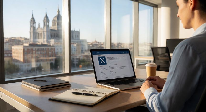 como encontrar trabajo en madrid, Persona buscando empleo en Madrid desde una oficina moderna con vistas a la ciudad