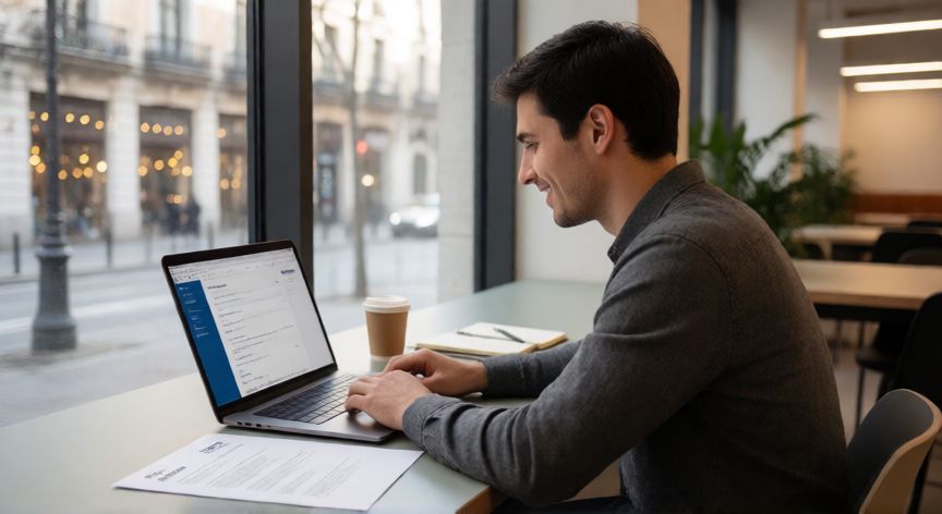como encontrar trabajo en madrid sin experiencia, Persona joven buscando trabajo en una oficina compartida de Madrid con portátil y currículum impreso