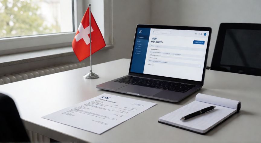 como encontrar trabajo en suiza, Mesa de trabajo con currículum, portátil y bandera suiza durante la búsqueda de empleo