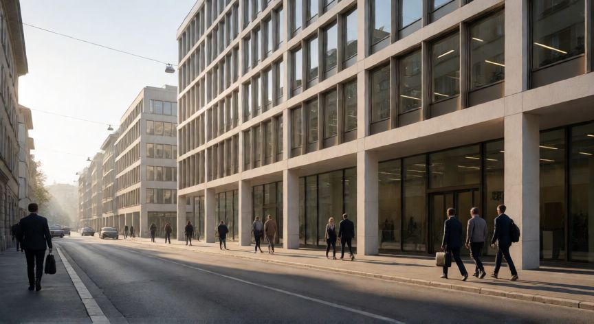 como encontrar trabajo en suiza, Calle de una ciudad suiza con edificios de oficinas y profesionales