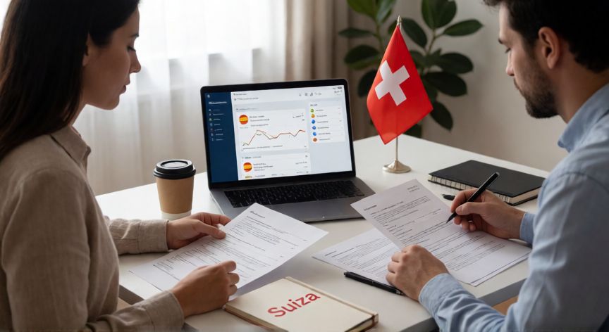 como encontrar trabajo en suiza desde españa, Profesional preparando su búsqueda de empleo en Suiza desde España con ordenadores y documentos