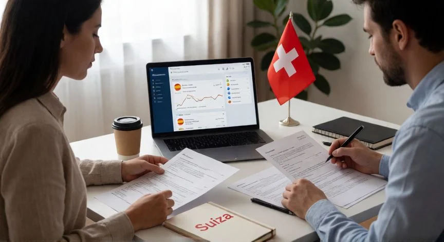 Profesional preparando su búsqueda de empleo en Suiza desde España con ordenadores y documentos