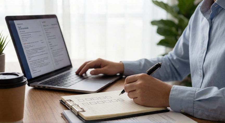 como encontrar trabajo rapido, Persona buscando empleo en su ordenador con una lista de tareas
