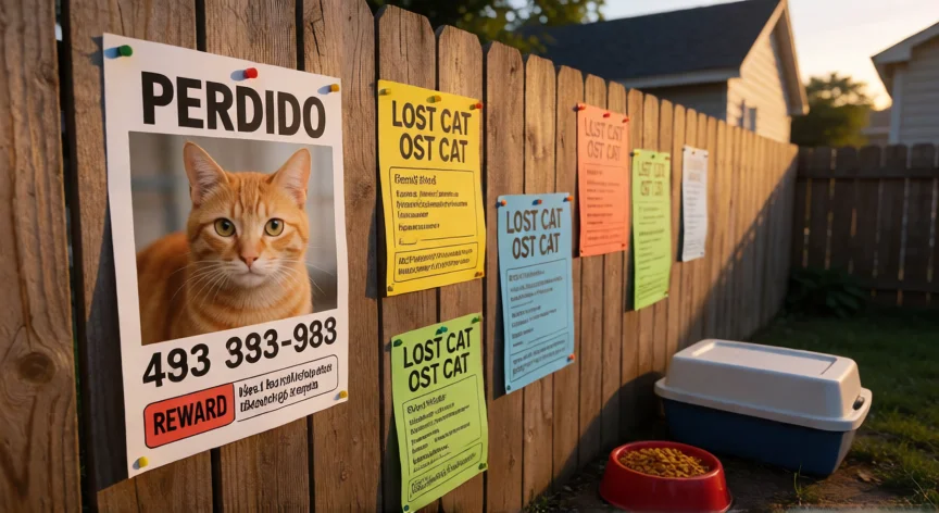 como encontrar un gato perdido, Carteles de gato perdido pegados en una valla con arenero y comida en el suelo