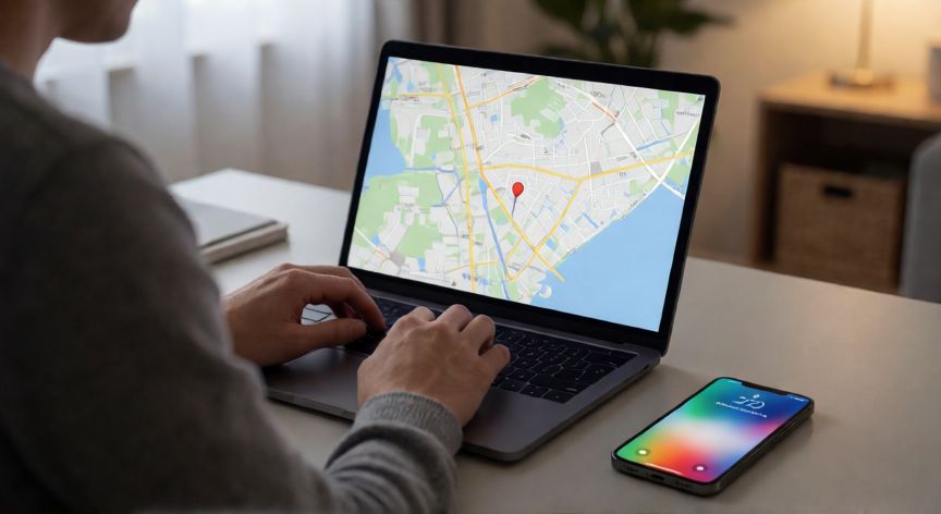 como encontrar un iphone perdido, Persona usando un portátil para localizar un iPhone perdido en un mapa