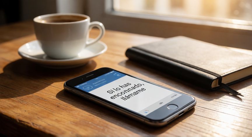 como encontrar un iphone perdido, iPhone perdido sobre una mesa con un mensaje de contacto visible en la pantalla
