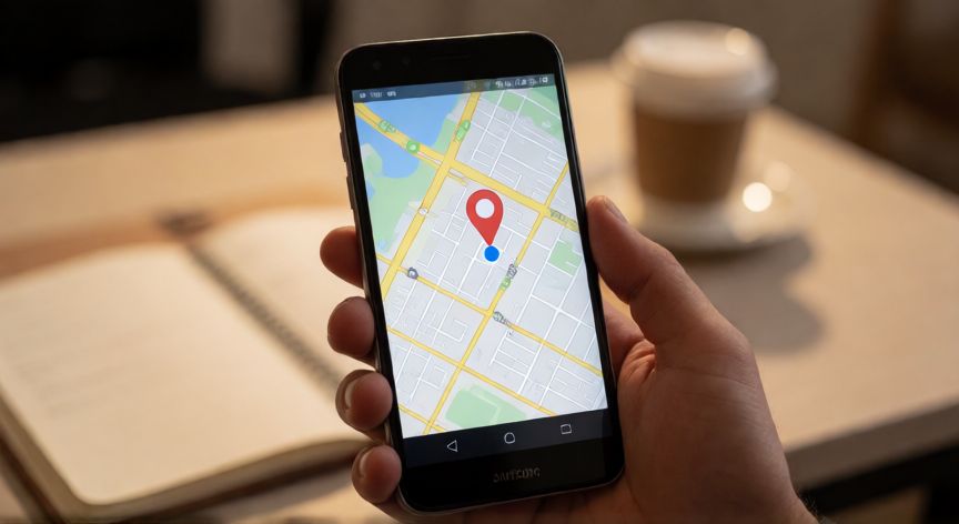 como encontrar un movil perdido, Mano sosteniendo un móvil con la app de localización abierta mostrando un mapa GPS con un pin de ubicación
