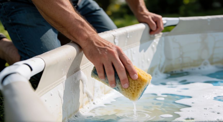 como encontrar un pinchazo en una piscina desmontable, Persona inspeccionando el interior de una piscina desmontable con agua jabonosa para localizar un pinchazo