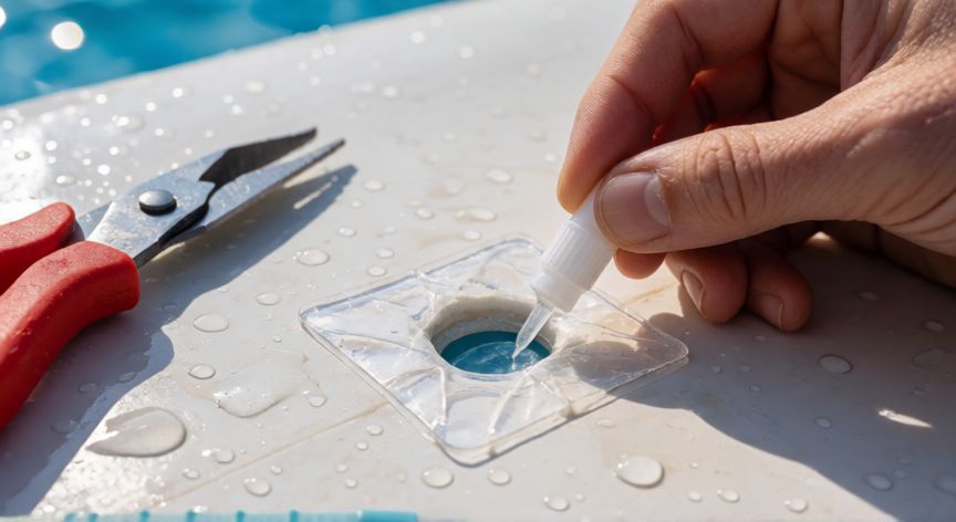 como encontrar un pinchazo en una piscina desmontable, Parche aplicado sobre un pequeño agujero en el liner de una piscina desmontable