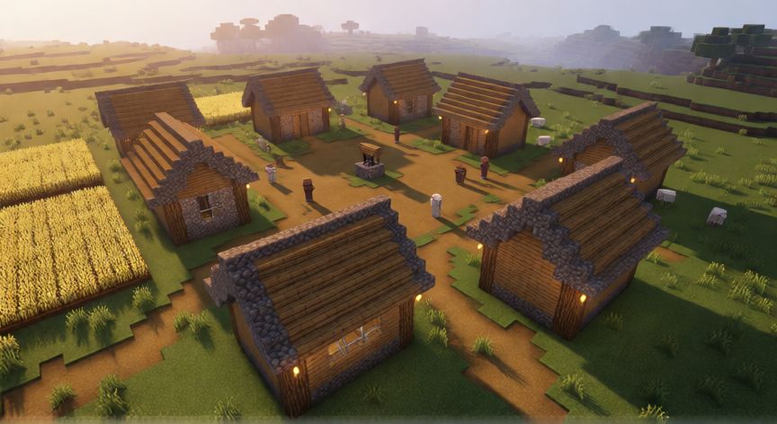como encontrar una aldea en minecraft, Vista aérea de una aldea en Minecraft en bioma de llanuras al atardecer