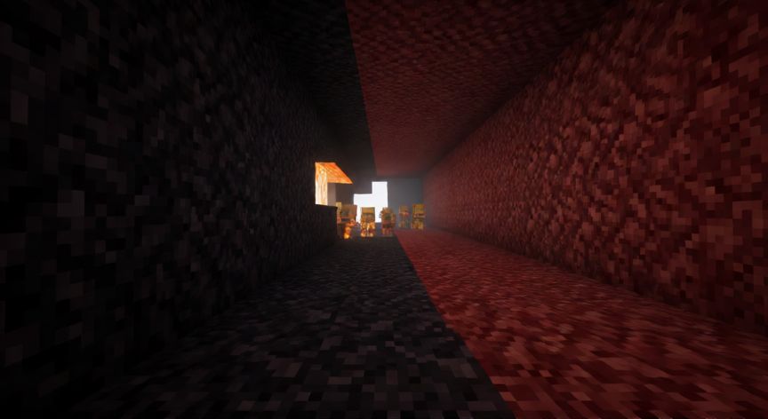 como encontrar una bastion en minecraft, Interior de una Bastion del Nether con pasillos y lava
