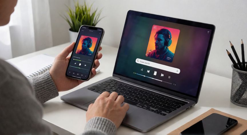 como encontrar una cancion, Persona buscando una canción en el ordenador y el móvil