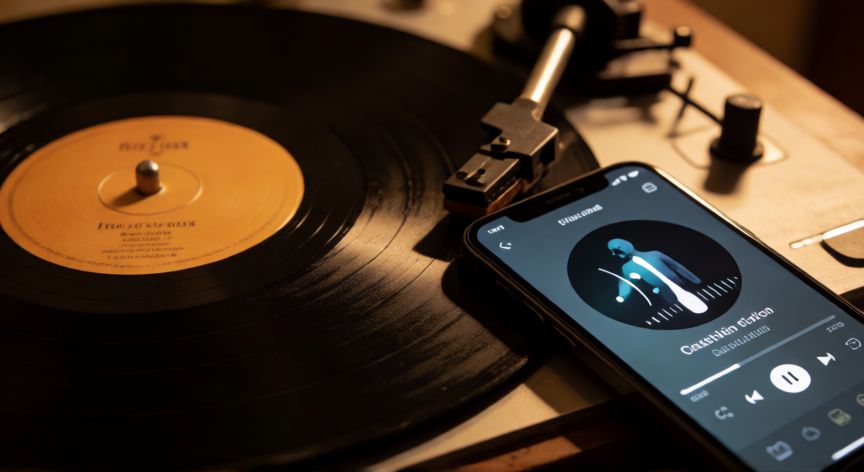como encontrar una cancion, Vinilo y móvil identificando una canción con una app