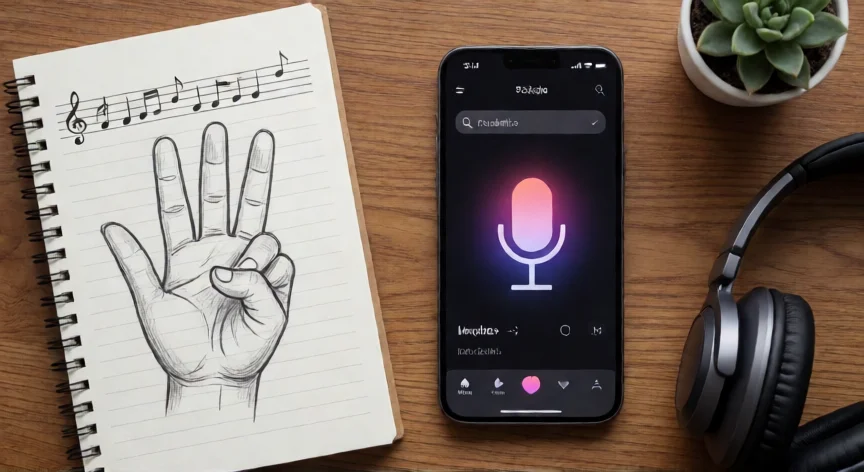 como encontrar una cancion tarareando, Móvil con app de música y cuaderno con notas musicales sobre mesa de madera