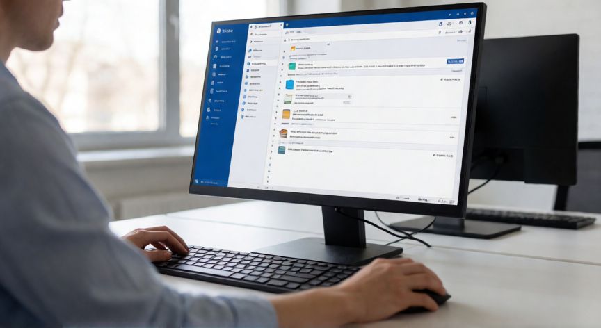 como encontrar una carpeta en outlook, Persona buscando una carpeta en Outlook desde el panel lateral