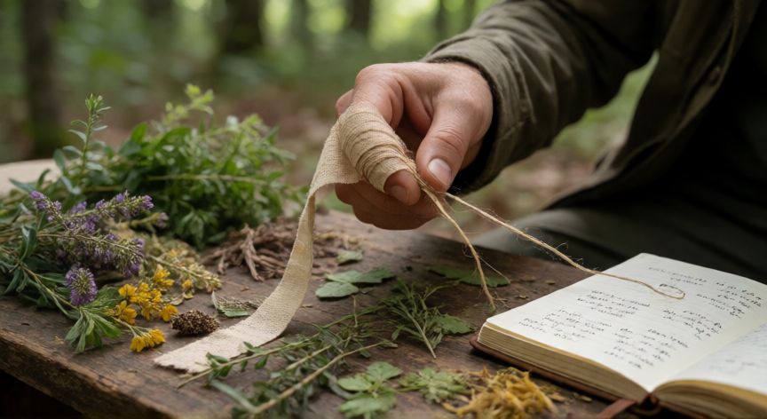 como encontrar vendajes en 99 noches en el bosque, Manos fabricando un vendaje con fibras vegetales en un claro del bosque
