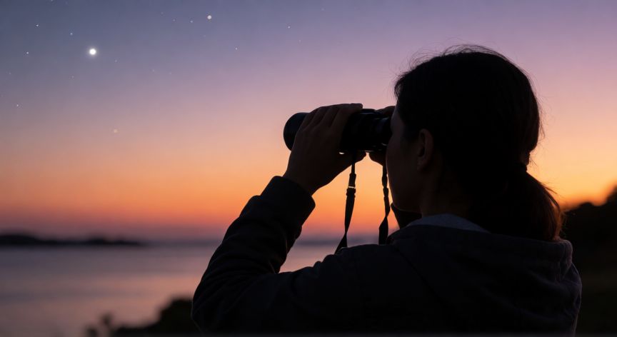 como encontrar venus en el cielo, Persona observando Venus con prismáticos al atardecer