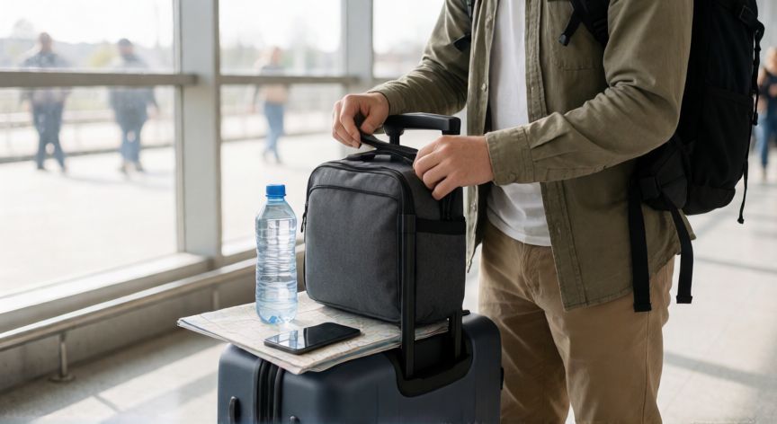 como encontrar viajes baratos, Viajero con equipaje de mano preparando un viaje económico en una estación
