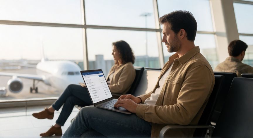 como encontrar viajes baratos de ultima hora, Viajero buscando vuelos baratos en un aeropuerto con una portátil