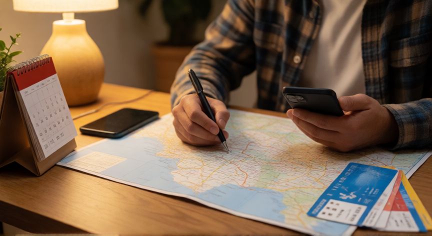 como encontrar viajes baratos de ultima hora, Mesa de trabajo planificando un viaje con mapa y calendario