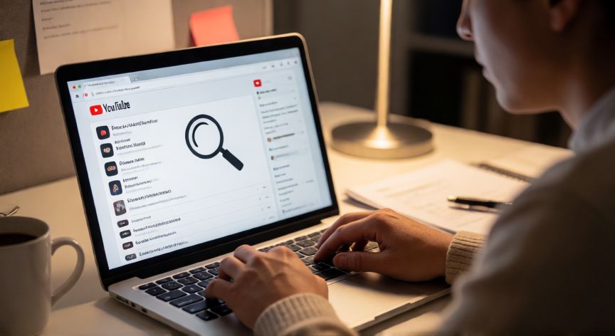 como encontrar videos con 0 vistas en youtube, Persona buscando videos en YouTube desde un portátil en un escritorio