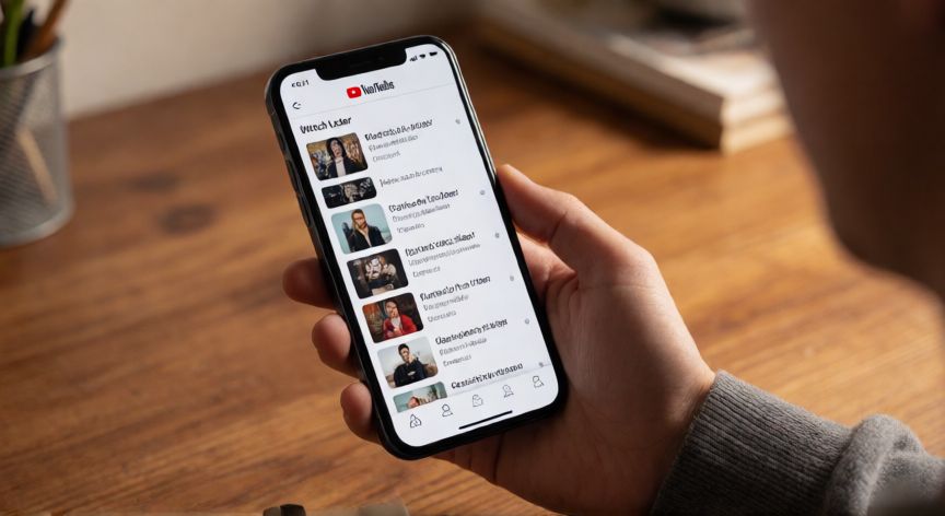 como encontrar videos guardados en youtube, Persona viendo la lista Ver más tarde en la app de YouTube en su smartphone
