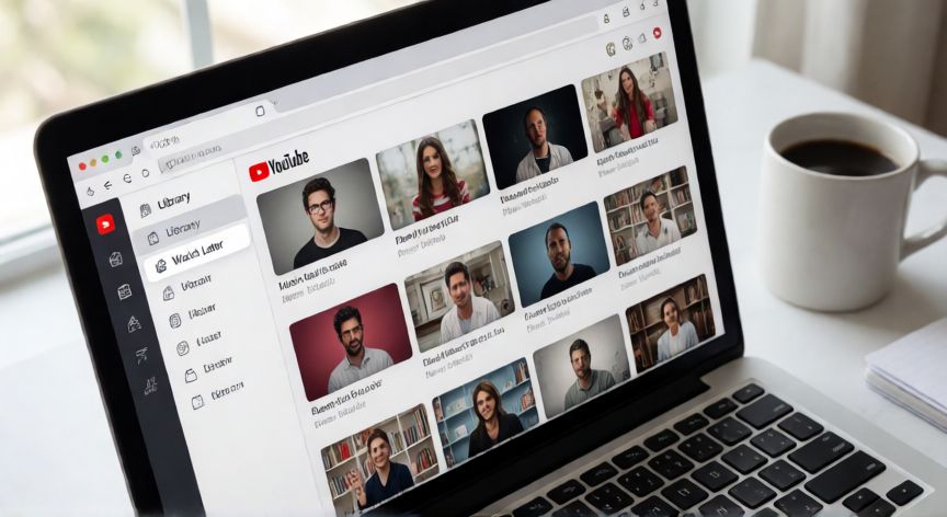 como encontrar videos guardados en youtube, Pantalla de laptop mostrando la biblioteca de YouTube con la lista Ver más tarde visible