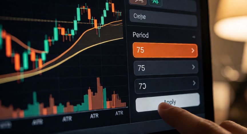 como encontrar volatility 75 en tradingview, Panel de configuración de indicador en TradingView con el parámetro Period modificado a 75