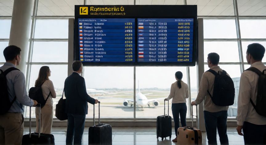 como encontrar vuelos baratos, Panel de salidas de aeropuerto con billetes y maletas