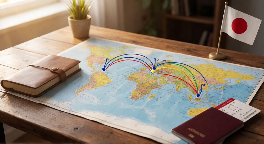 como encontrar vuelos baratos a japon, Mapa de rutas aéreas hacia Japón sobre un escritorio de viaje
