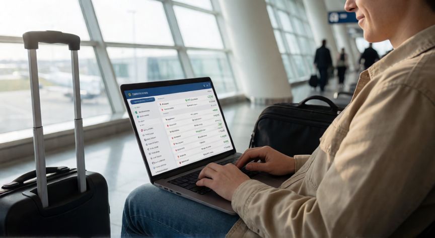 como encontrar vuelos baratos de última hora, Persona buscando vuelos baratos en un aeropuerto
