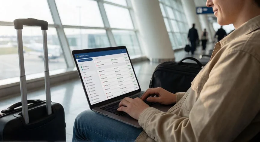 Persona buscando vuelos baratos en un aeropuerto