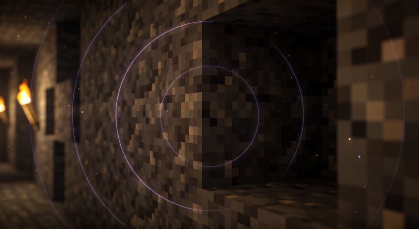 como encontrar warden en minecraft, Pasadizo subterráneo de Minecraft con bloques oscuros y señales visuales cerca del Warden