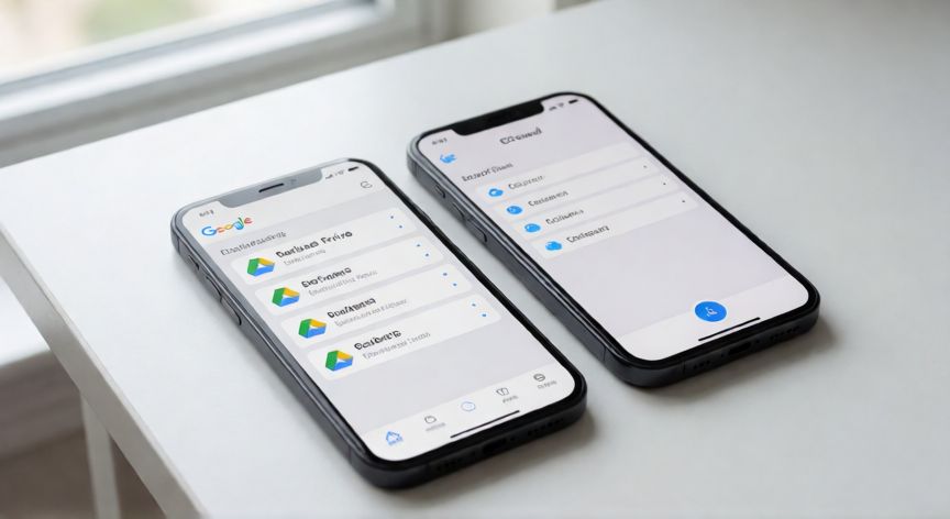 como encontrar whatsapp borrados, Teléfonos mostrando respaldos en Google Drive e iCloud para recuperar WhatsApp